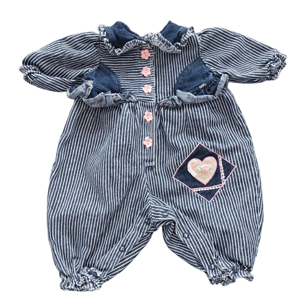 Vintage Kids Baby Girl Denim Striped Navy Pink Peter Pan Collar Romper Size 3-6M